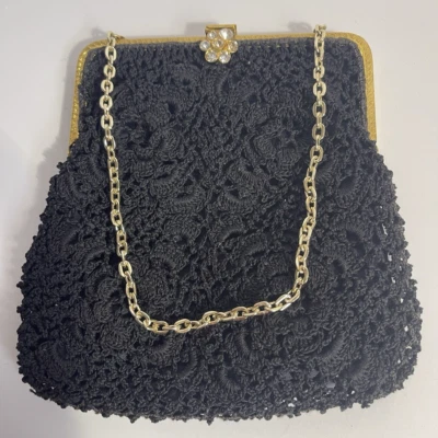 Vintage 1940s Black Crocheted Evening Purse Handbag/Wristlet Rhinestone Clasp - Image 1 of 4
