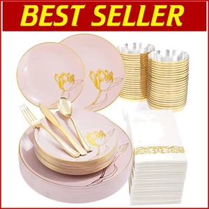 BPA-Free 175PCS Pink Disposable Plates with Gold – Perfect for Any Occasion - Picture 1 of 11