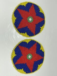 4 inch Beaded Rosettes Red Blue Star Design Leather Back Set of 2