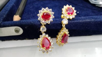 Brinco de casamento redondo de rubi natural e diamante 4,54 quilates ouro amarelo real 14K - Imagem 1 de 3