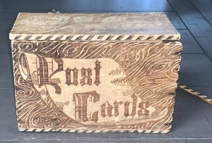 A9 VTG 3 X 6” WOODEN POST CARD BOX BURNT ENGRAVING EPHEMERA HOLDER BROKEN - Picture 1 of 20