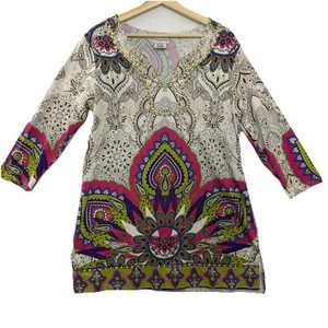 Soft Surroundings Colorful Tunic Top Womens L Knit Jeweled Beaded Kaftan Artsy - Picture 1 of 12