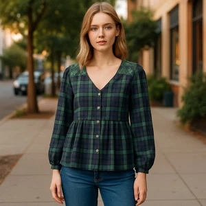 Maurice's Plaid Peplum Top Size S Green Blue Button Up Lace Shoulders - Picture 1 of 9