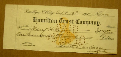 Bank Check $-100, USA 1910 Hamilton Trust Co New York - Image 1 of 2