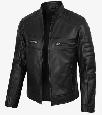 Jaqueta estilo motociclista masculina couro de cordeiro real preta - Imagem 1 de 4