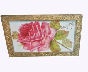 Antique 1909 Embossed Greeting Postcard with Pink Rose Illustration - Picture 1 of 2