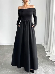 Schwarzes Langes Bardot Slip On Stretch Abendkleid Kleid Dress Schwarz 40 42 L - Bild 1 von 2