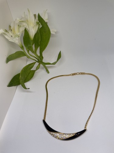 Collana Christian Dior Pavimentazione Strass Smalto Nero Mezzaluna Piatta Oro Choker