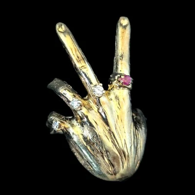 1970 Diamonds Ruby 14k Yellow Gold Custom Made Hand Ring Vintage Cocktail Unisex - Image 1 of 4