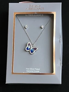 BELIEVE BY BRILLIANCE SILVER PLATED CRYSTAL BUTTERFLY EARRING PENDANT NECKLACE - Picture 1 of 2