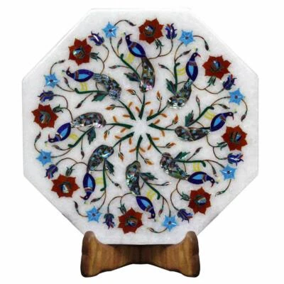 12" Marble corner Table Top Semi precious stones Inlay art Handmade Work - Image 1 of 4