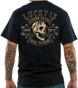 Lucky 13 Treinta Años Aniversario Calavera Tatuajes Motociclista Camiseta LM1000TY - Imagen 1 de 4