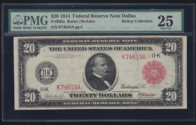 US 1914 $20 FRN Dallas District Note FR 962a Red Seal PMG 25 VF (619) - Image 1 of 2