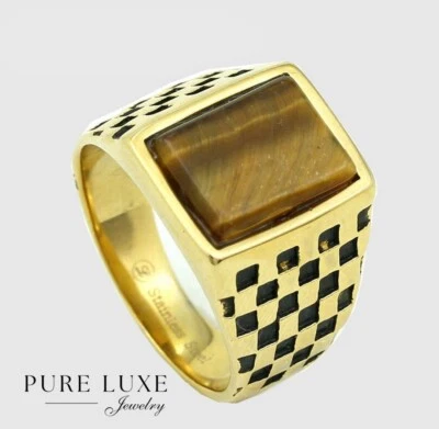 Acero inoxidable para hombre, piedra ojo de tigre marrón, anillos chapados en oro caja 8-13 Foto 1 de 3