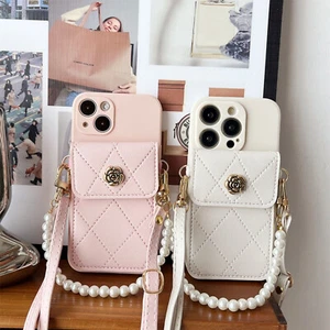 For Samsung iPhone Crossbody Pearl Chain Card Wallet Bag Case Strap Phone Cover - Zdjęcie 1 z 18