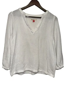 Marine Lagenlook Jamie Damen Shirt gebänderter Kragen Gaze weiß langarm Medium - Bild 1 von 8