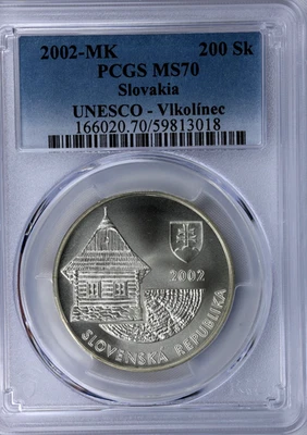 2002-MK SLOVAKIA 200 Korun Silver Coin UNESCO Vlkolínec PCGS MS70 - Image 1 of 4