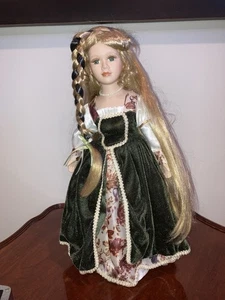 Vintage Porcelain Doll Blonde and Green Braid Victorian Dress 16 in with Stand - Picture 1 of 8