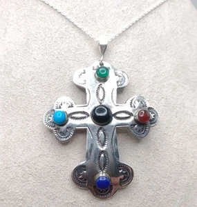 Multi Edelstein Sterlingsilber Kreuz Anhänger 18" Halskette Türkis Lapis Koralle - Bild 1 von 13