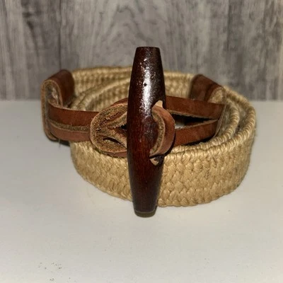 Vintage Tan Brown 1” Braided Woven Jute Rope Stretch Belt 29” - 35” Wood Toggle - Image 1 of 4