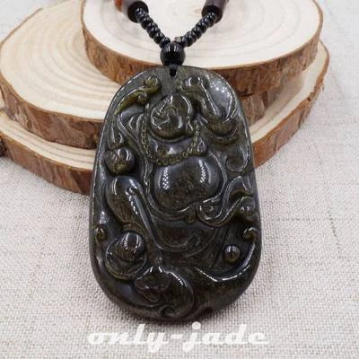 中国 100% 天然黄金黑曜石玉吊坠项链手工雕刻佛 Z078 — 第 1/4 张图片