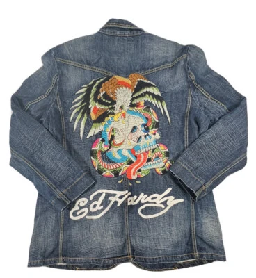 Ed Hardy By Christian Audigier Blue Denim Embroidered Jacket Sz 3XL Eagle Skull - Image 1 of 4