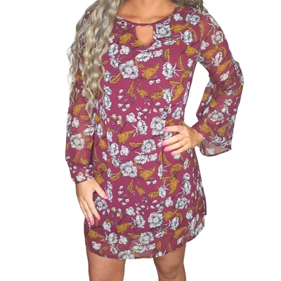Burgundy Floral Dress Womens Medium Red Wine Bell Sleeve Boho Chiffon Keyhole - Imagem 1 de 4