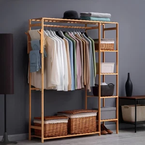 Heavy Duty Wooden Clothes Rail Rack Garment Hanging Stand Corner Open Wardrobe - Picture 1 of 12