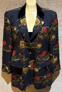 Burberry Blue Carriage Print 100% Wool Blazer W/Velvet Collar Size 8 USA - Picture 1 of 15