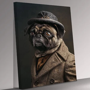 Mops brauner Anzug als Mensch in Kleidung Leinwand Wandbild Bild Druck fertig zum Aufhängen - Bild 1 von 4