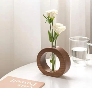 Wooden 1 Glass Test Tube Home Decor Planter Modern Flower Vase with Wood Stand - Picture 1 of 3
