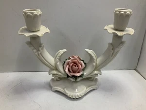 Antique Karl ENS Porcelain Pink Rose Candle Candelabra GnuFoundArt - Picture 1 of 12