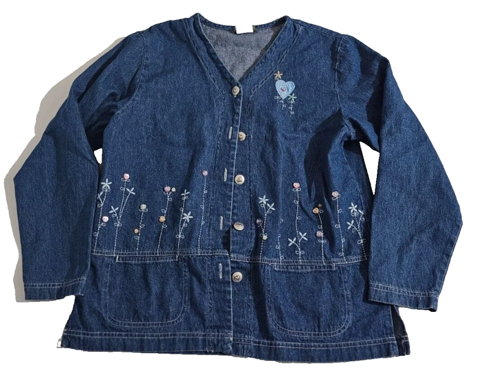 VTG TEDDI Denim Shirt Embroidered Floral Hearts, Pockets Long Sleeve Blue Sz S - Image 1 of 4
