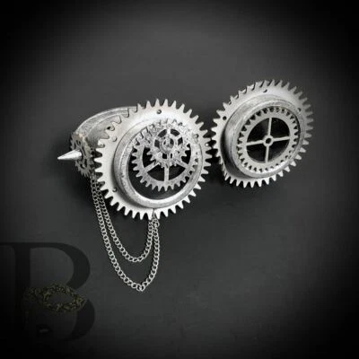 Steampunk Goggles Spectacles Eye Mask with Chain and Gear Details Silver Hallowe - Image 1 of 2