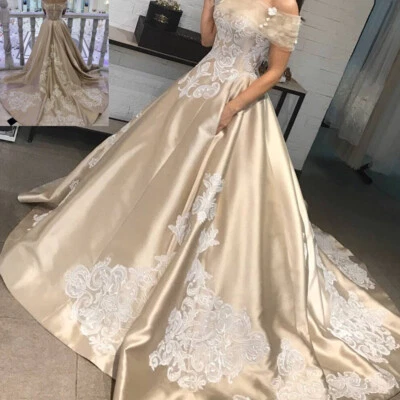 Elegant Champagne Wedding Dresses Off Shoulder White Lace Applique Bridal Gowns - Image 1 of 4