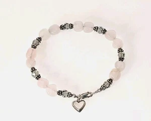 Vintage Sterling Silver Natural Rose Quartz Heart Charm Crystal Bead 8" Bracelet - Picture 1 of 6