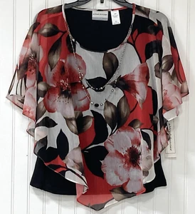 Alfred Dunner Womens Shear Cape Layered Top Blouse Size 10P Floral With Necklace - Picture 1 of 13