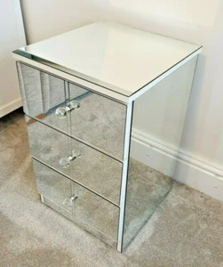 Mirrored Glass Bedside Table Cabinet 3 Drawer Chest Crystal Handles Handmade UK - Picture 1 of 12