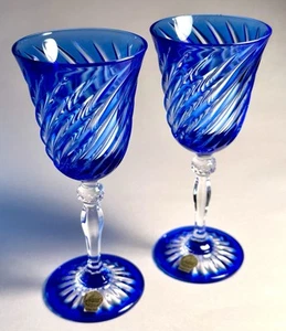 Set 2 Cut Glass Cobalt Blue Cut To Clear Cordial Glasses Cristal D'Arque - Picture 1 of 3
