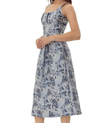 Vestido de cóctel Adelyn Rae Stefani azul metálico plateado midi jacquard talla pequeña Foto 1 de 4