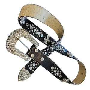 Cintura cowgirl in pelle nera spessa borchiata cristallo croci argento taglia M - Foto 1 di 6