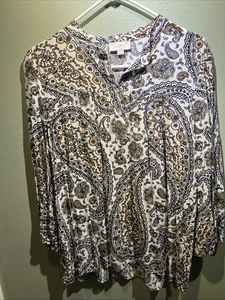 Loft hübsche Paisley weiße 3/4 Arm Popover Bluse Gr. Large Boho Flow Comfort - Bild 1 von 9