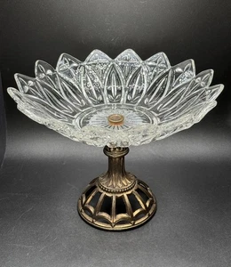 Vintage große Glas Kompott Schale gewellter Rand mit Gold Messing Ständer atemberaubend 10" - Bild 1 von 14