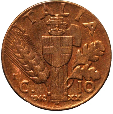 Italia 1942 10 Centesimi Vittorio Emanuele III KM# 74a Foto 1 de 2