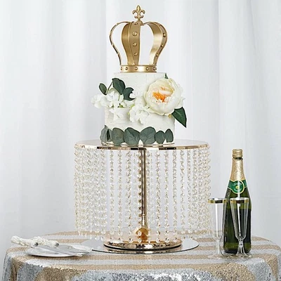GOLD METAL 12" tall Cake Stand with Crystal Pendants Party Wedding Reception - Image 1 of 4