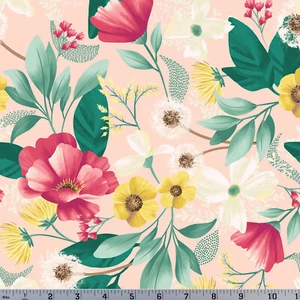 Light Coral Floral Dandelion Meadow Cotton Quilt Fabric Clothworks Spring Easter - Picture 1 of 1