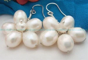 8-9mm White Cultured Freshwater Pearl Flower Dangle Earrings 925 Silver Hook - Picture 1 of 12
