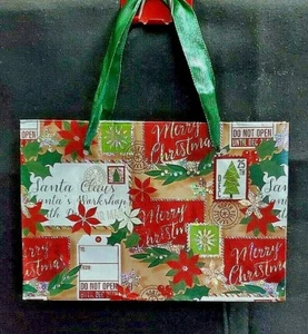 Buon Natale Babbo Natale Etichette Sacchetto Regalo Festa con Manici Verdi 4" P x 6" W - Foto 1 di 3