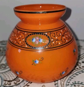 Antique Loetz Orange Glass 4.5" Vase With Enamel Flowers And Designs - Picture 1 of 4
