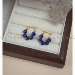 Natural 6mm Blue Lapis Lazuil Round Gems Beads Dangle Gold Stud Hoop Earrings - Picture 1 of 4